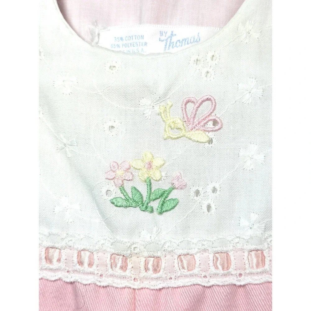 by Thomas Vintage Pink Romper White Eyelet Floral Butterfly Lace  3-6 Months USA